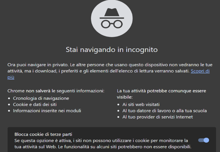 Google Chrome, navigazione in incognito